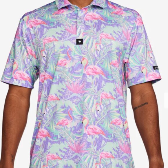 Bad Birdie Mens Performance Polo Mingos Tropical Flamingos Authentic Bad Birdie - Picture 8 of 9